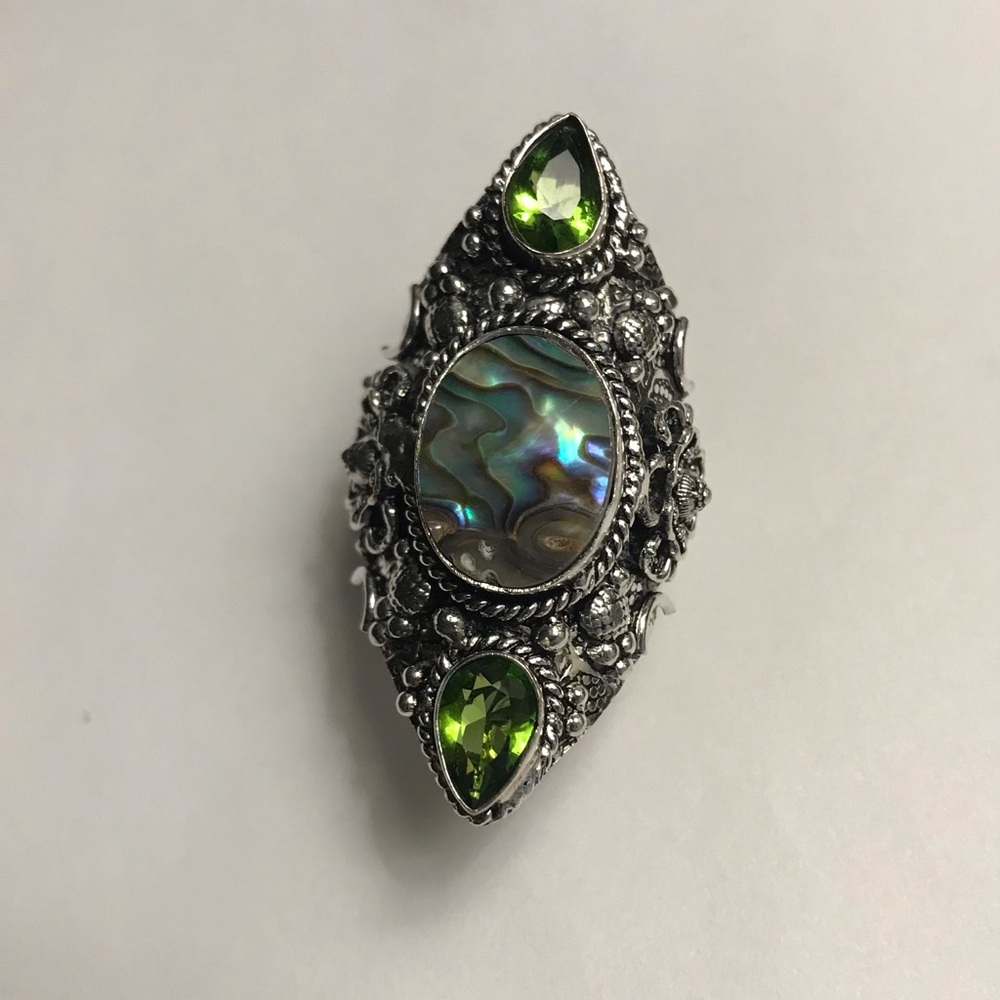 Abalone Peridot Stamped 925 Sterling Silver Ring - Picture 6 of 6